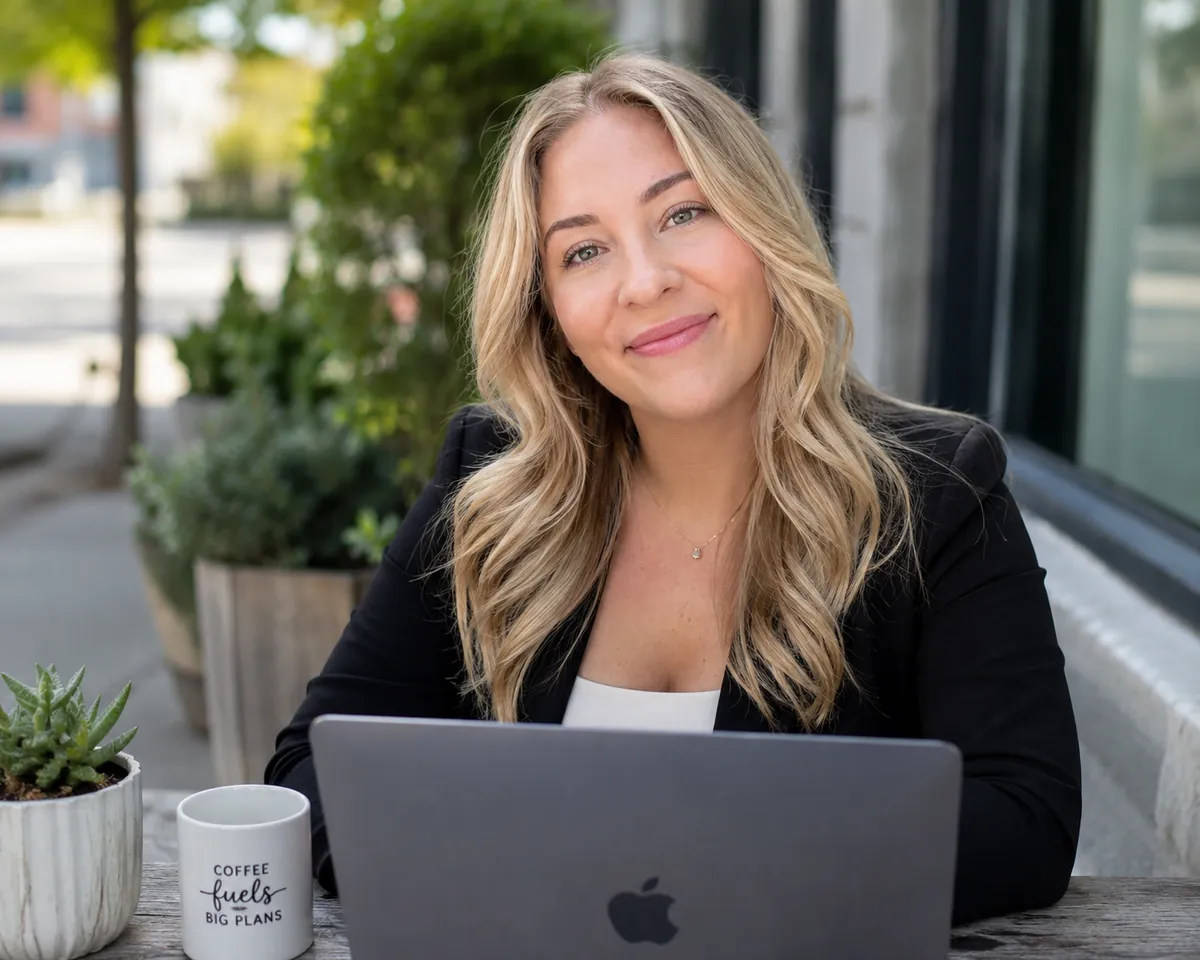 Amber Fugedi working at a laptop outside a cafe.