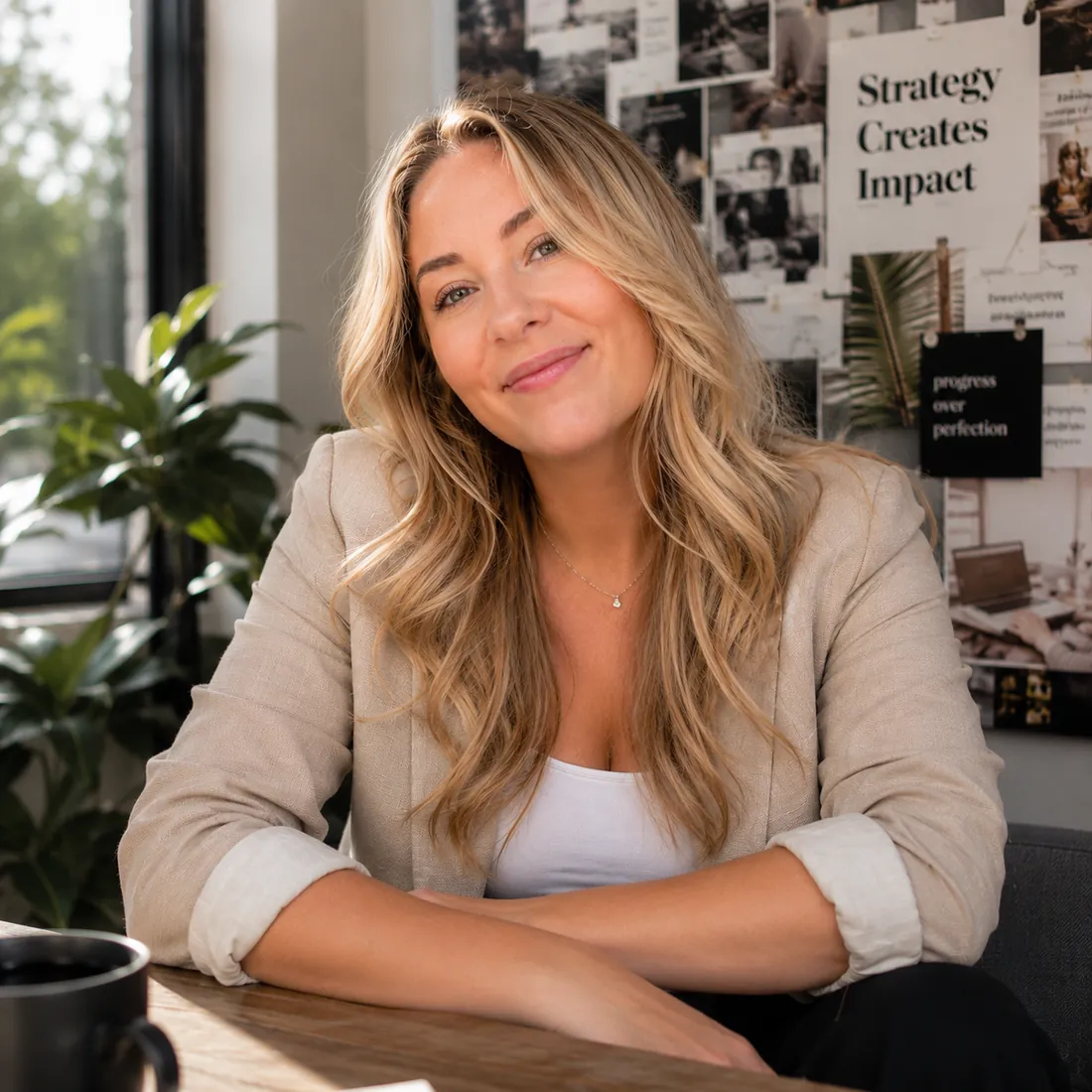 Amber Fugedi at her desk in a linen blazer, a moodboard of strategy notes behind her.