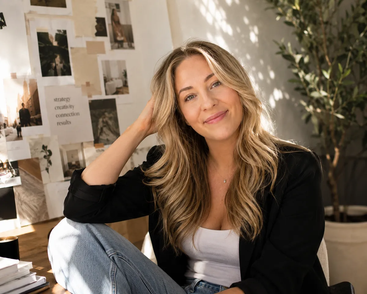 Amber Fugedi sitting beside a moodboard wall of strategy notes and references.