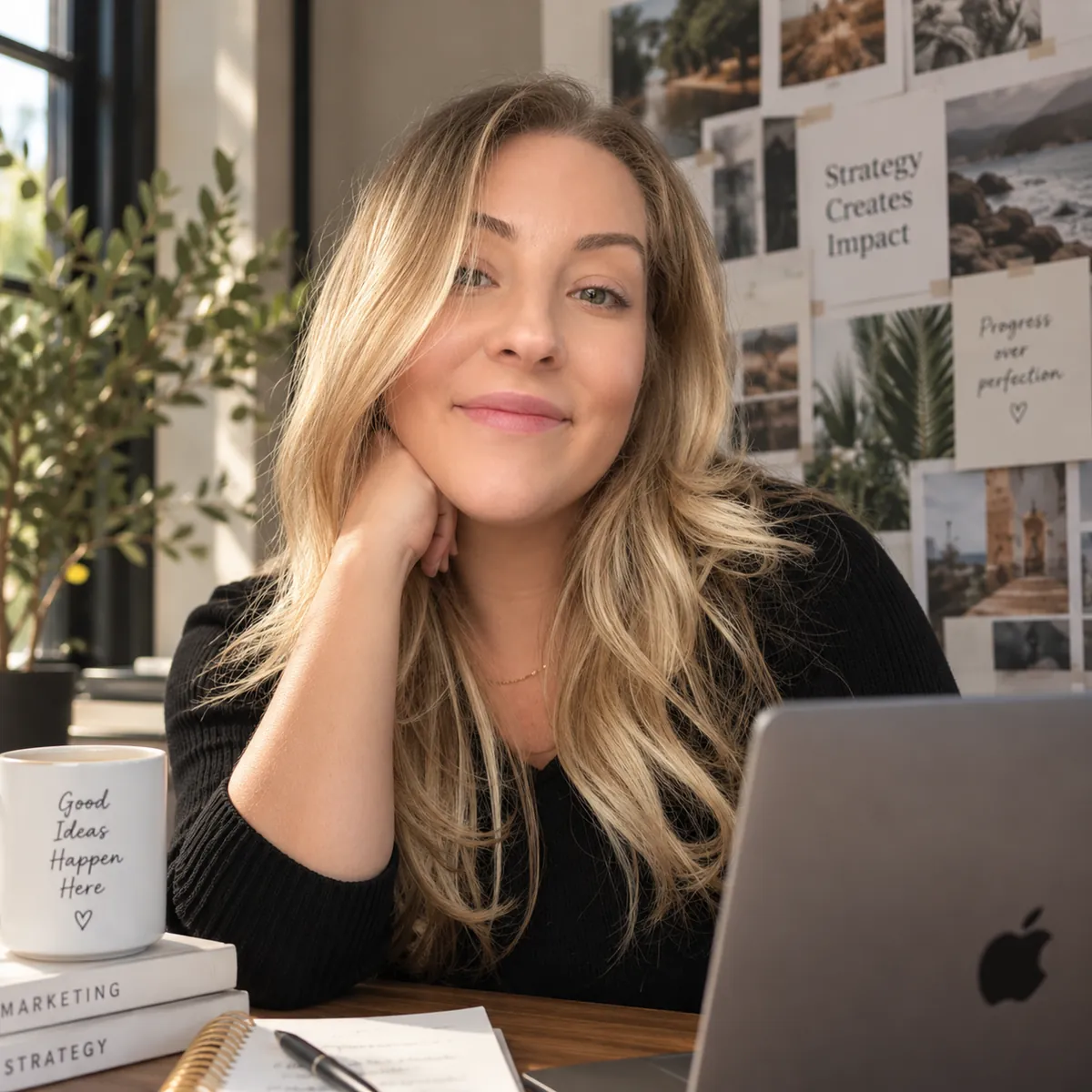 Amber Fugedi at her desk with a laptop, notebook and marketing books.