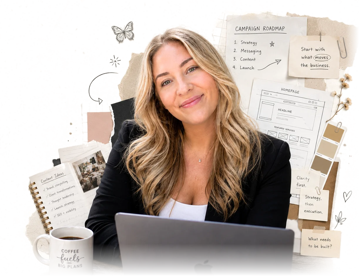 Amber Fugedi at her desk with a laptop, a campaign roadmap, a homepage wireframe, content ideas and a row of sticky notes.